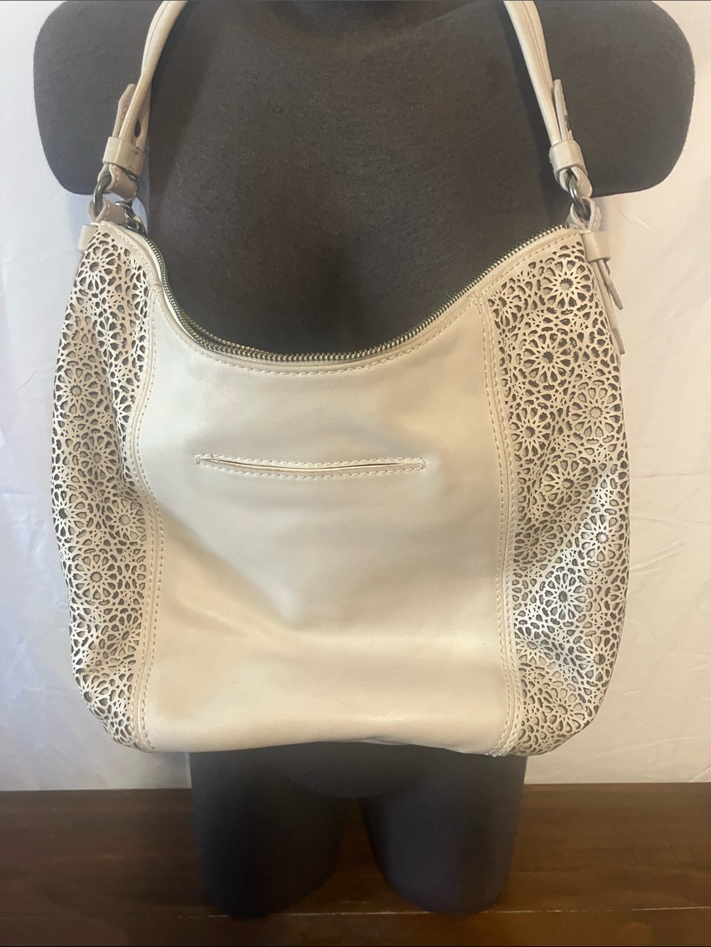 The Sak Cream Laser-Cut Leather Shoulder Bag
